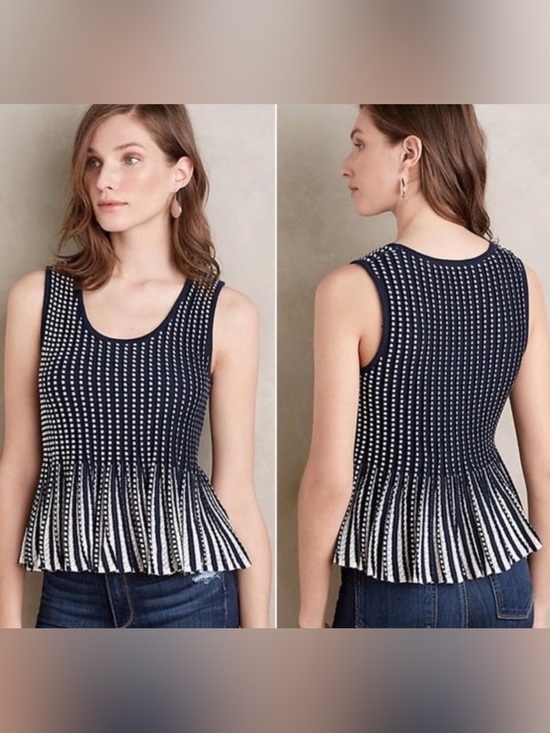Anthropologie Tops - Moth Anthropologie Knit Peplum Tank Top Black White Size L Career Preppy